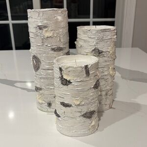 White Rustic Birch Bark Candle Holders Set of 3… Lg 10.5, Med 8 & Sm 7 In. Tall.